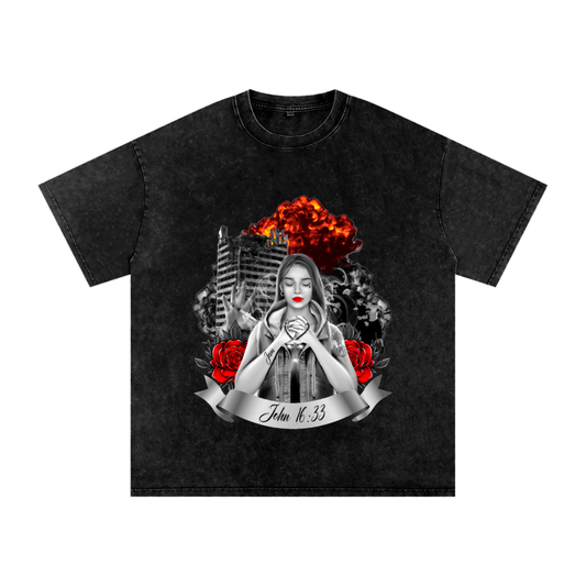 'Girl in Chaos' John 16:33 - Unisex Oversized Acid Wash Graphic Tee