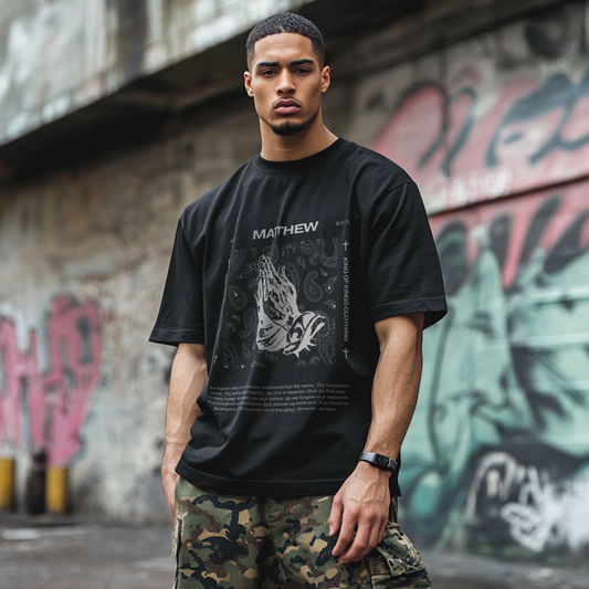 'Matthew 6:9-15' Prayer Hands Black Paisley Graphic Tee